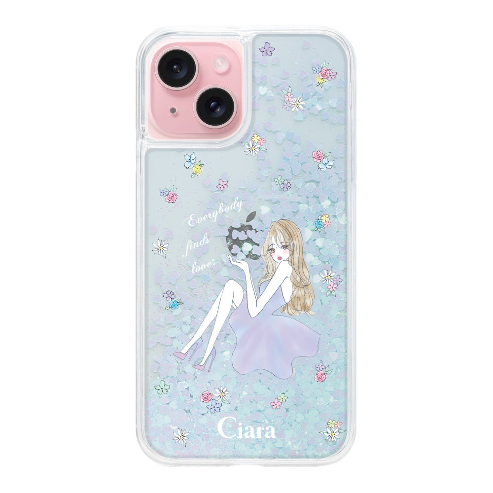 iPhone15 グリッター オイルクリアケース ラベンダーガール ブルー