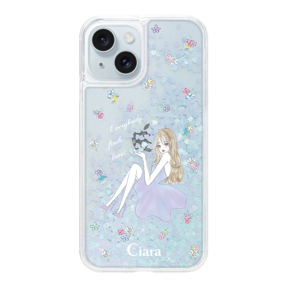 iPhone15Plus グリッター オイルクリアケース ラベンダーガール ブルー