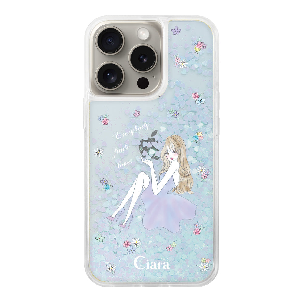 iPhone15Pro グリッター オイルクリアケース ラベンダーガール ブルー