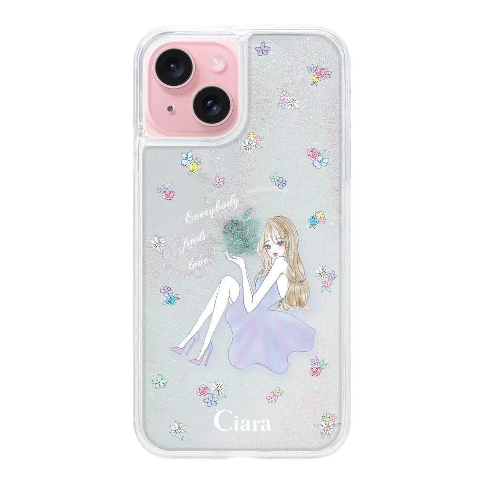 iPhone15 グリッター オイルクリアケース ラベンダーガール クリア