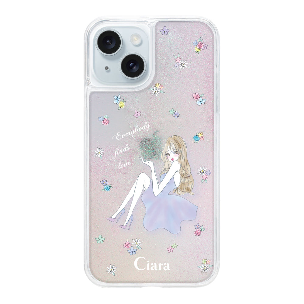 iPhone15Plus グリッター オイルクリアケース ラベンダーガール パステル