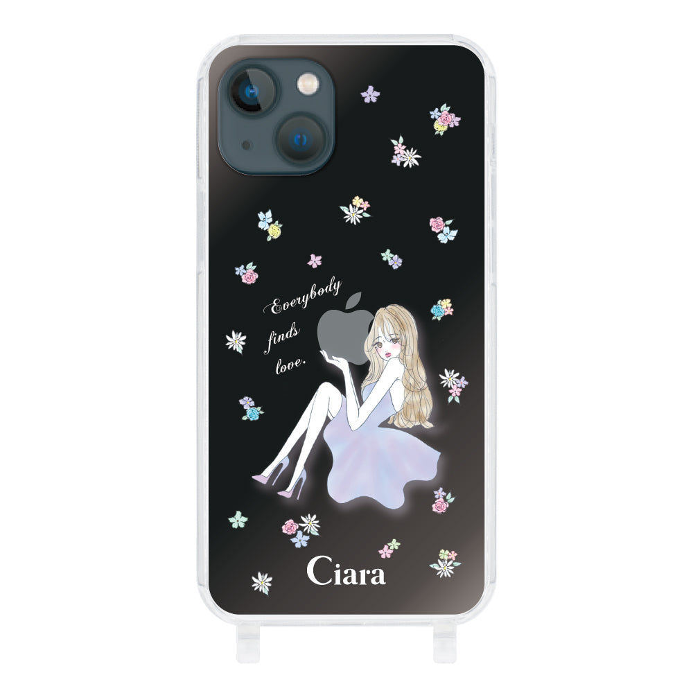 iPhone13mini ストラップクリアケース ラベンダーガール クリア