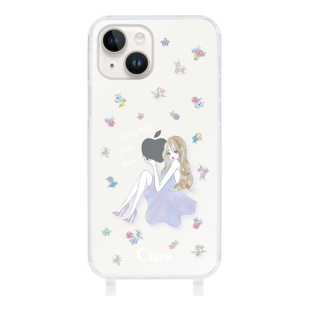 iPhone14 ストラップクリアケース ラベンダーガール クリア
