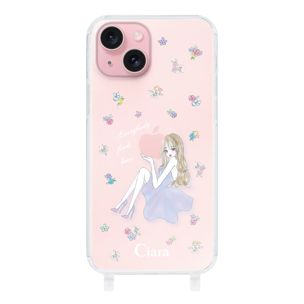 iPhone15 ストラップクリアケース ラベンダーガール クリア