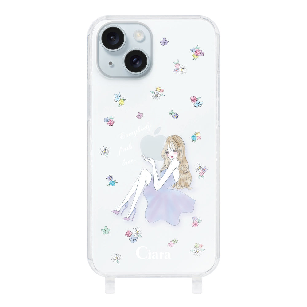 iPhone15Plus ストラップクリアケース ラベンダーガール クリア