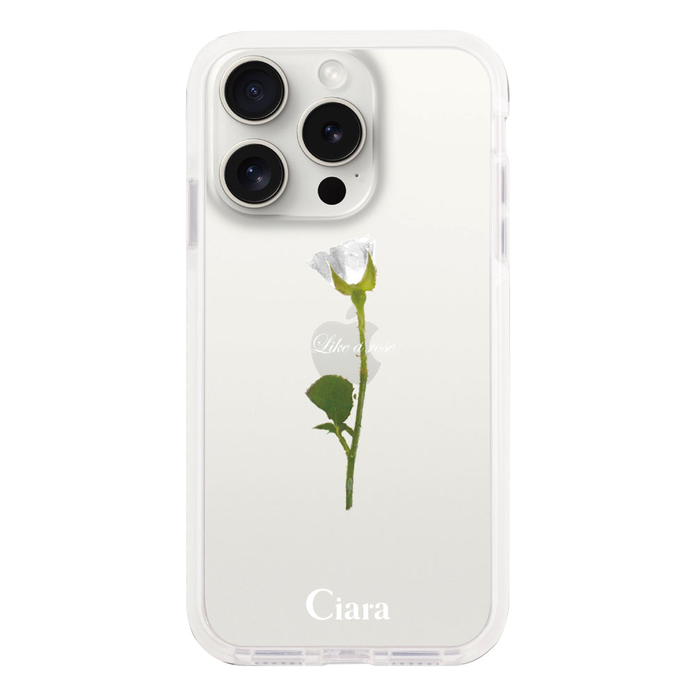 iPhone15ProMax クッションバンパー 耐衝撃クリアケース ウォーターローズ ホワイト