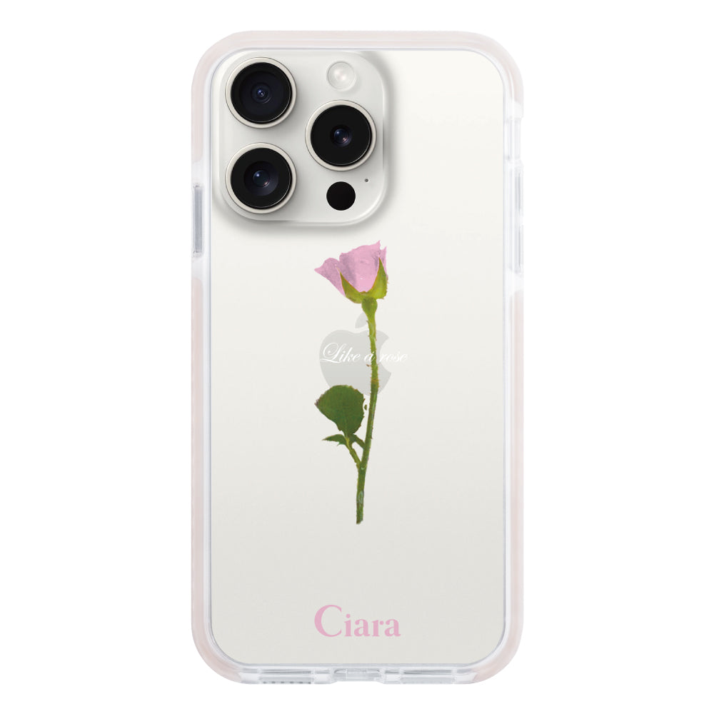 iPhone15ProMax クッションバンパー 耐衝撃クリアケース ウォーターローズ ピンク