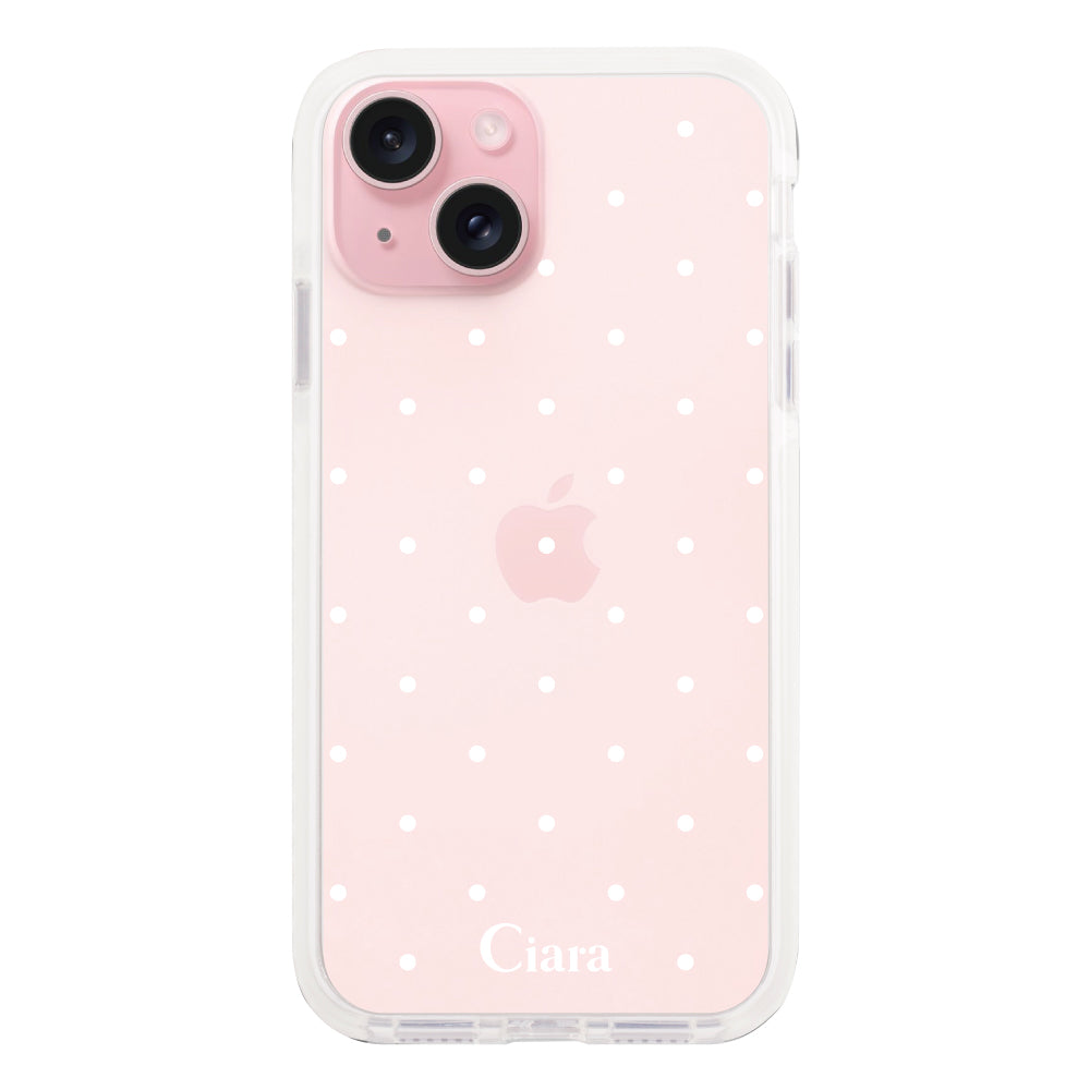 iPhone15 クッションバンパー 耐衝撃クリアケース スウィートドット ホワイト