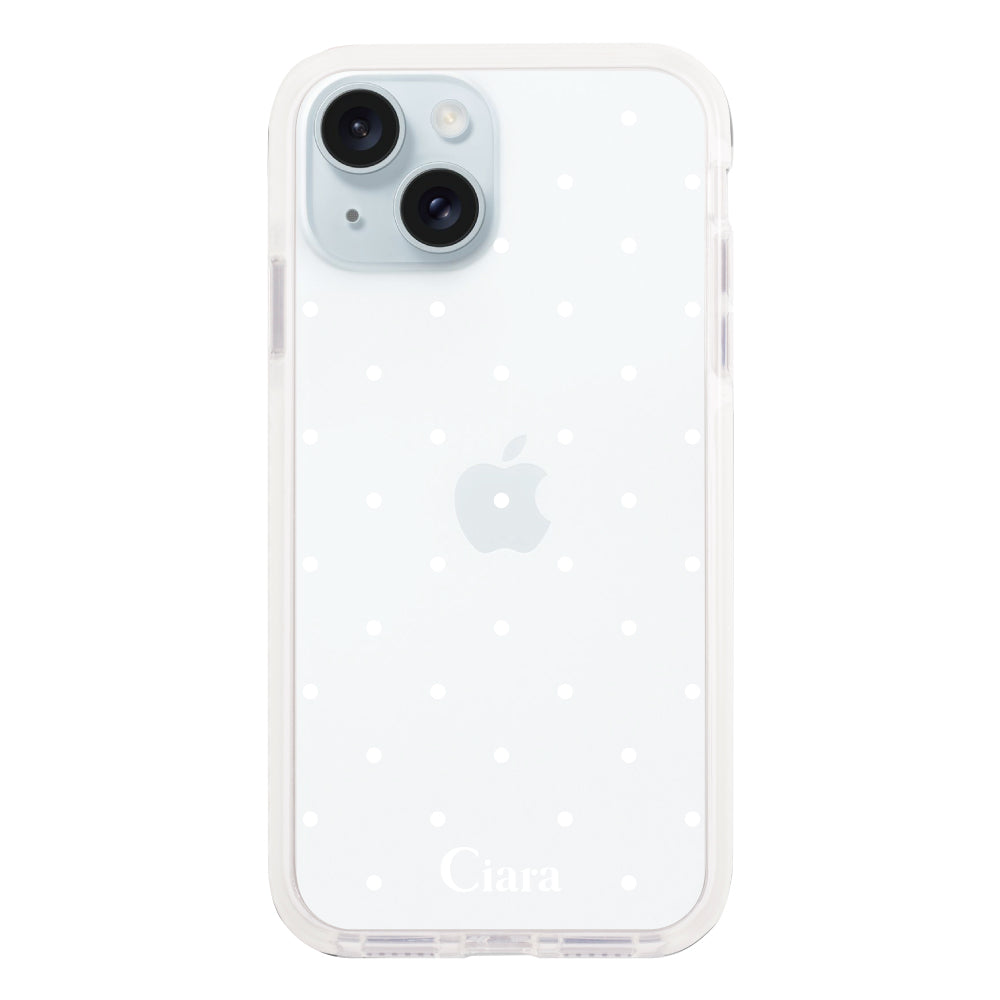 iPhone15Plus クッションバンパー 耐衝撃クリアケース スウィートドット ホワイト