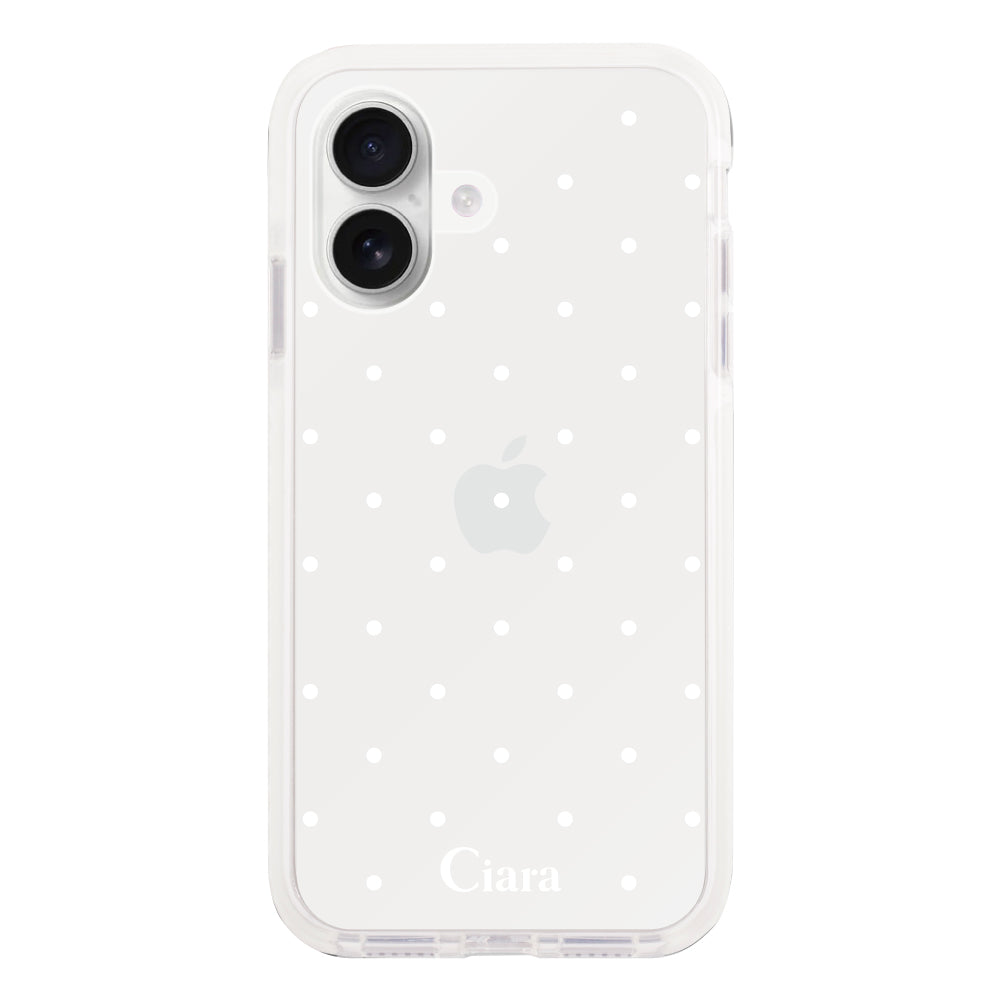 iPhone16 クッションバンパー 耐衝撃クリアケース スウィートドット ホワイト