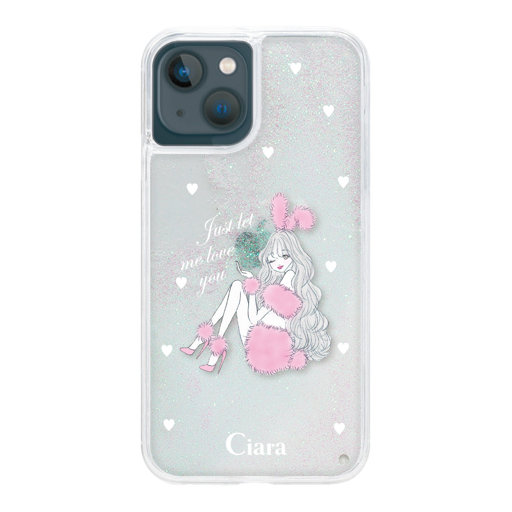 iPhone13mini グリッター オイルクリアケース ピンクバニー ホワイト