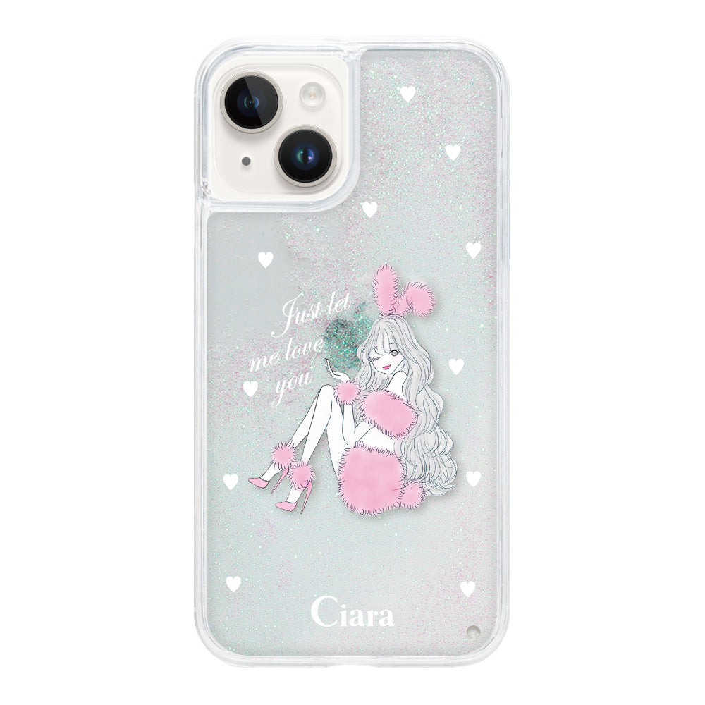 iPhone14 グリッター オイルクリアケース ピンクバニー ホワイト
