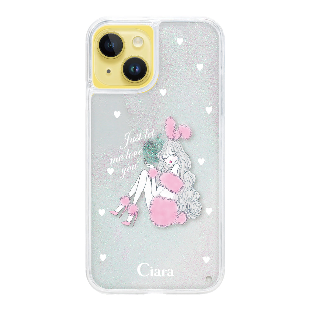 iPhone14Plus グリッター オイルクリアケース ピンクバニー ホワイト