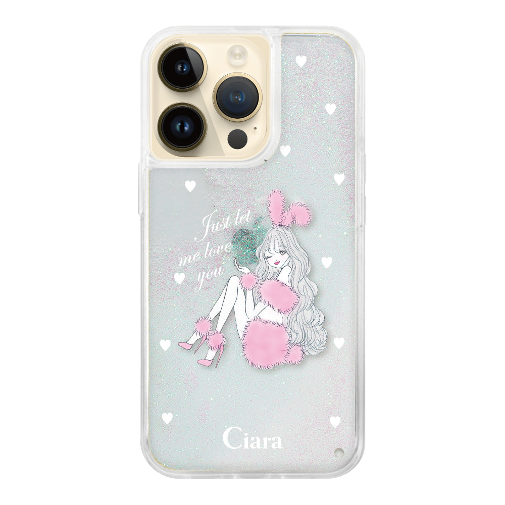 iPhone14Pro グリッター オイルクリアケース ピンクバニー ホワイト