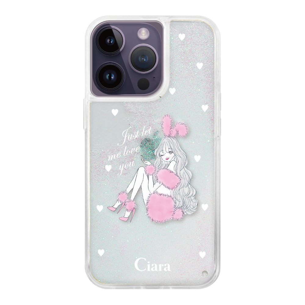iPhone14ProMax グリッター オイルクリアケース ピンクバニー ホワイト