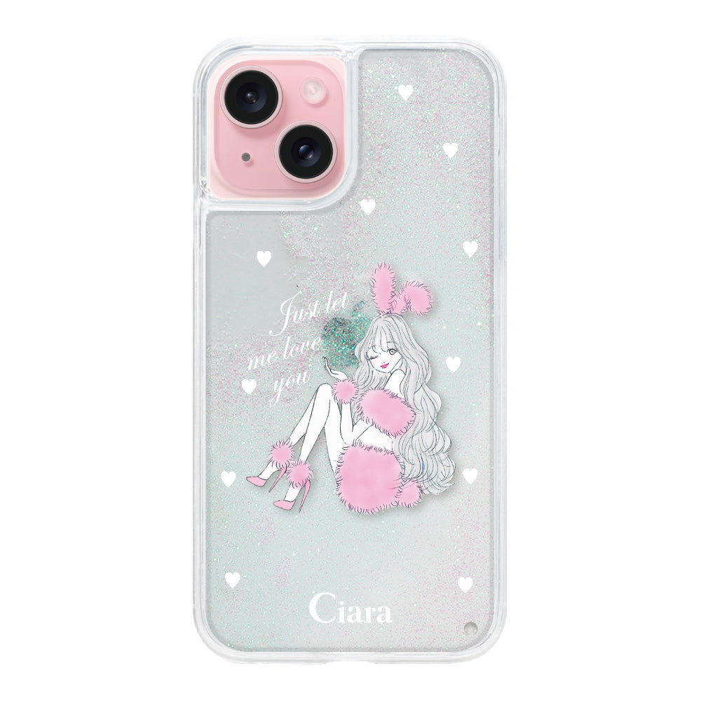 iPhone15 グリッター オイルクリアケース ピンクバニー ホワイト