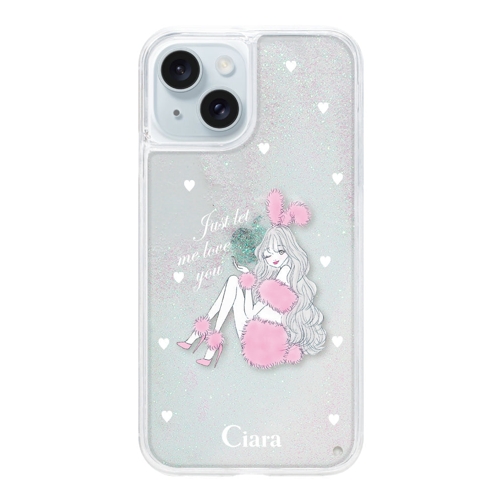 iPhone15Plus グリッター オイルクリアケース ピンクバニー ホワイト