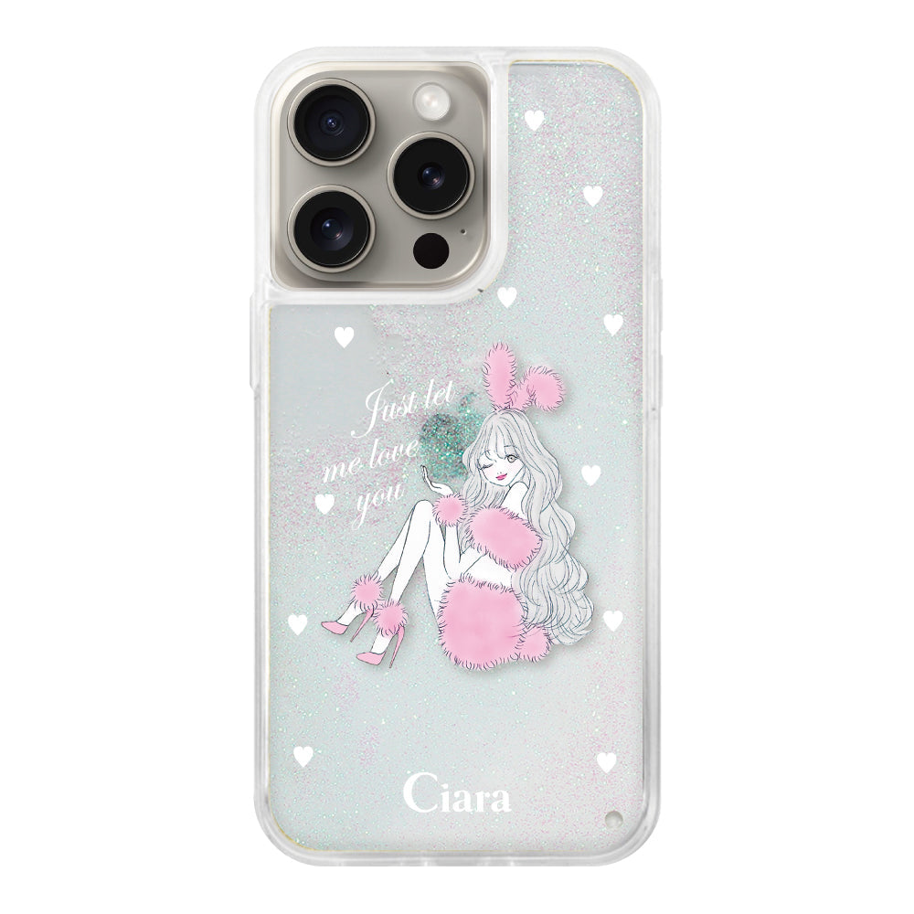iPhone15Pro グリッター オイルクリアケース ピンクバニー ホワイト
