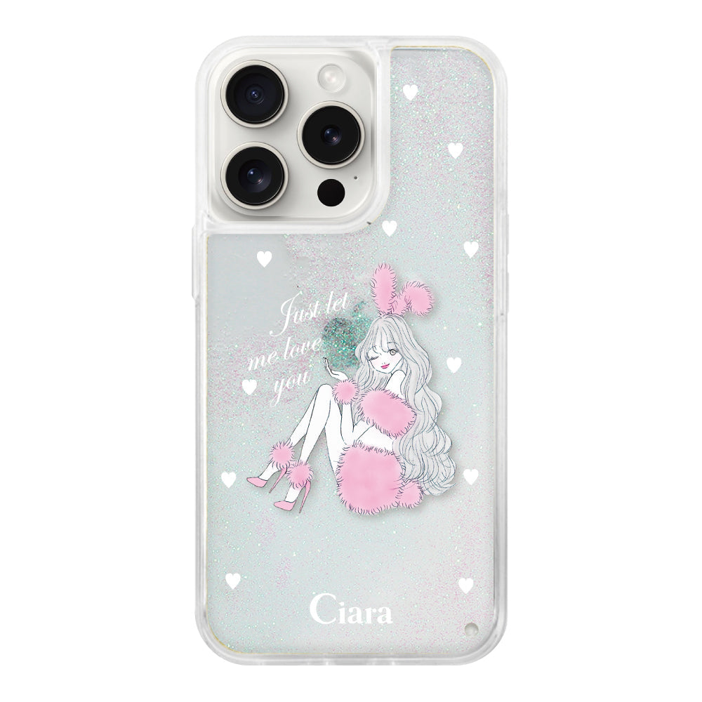 iPhone15ProMax グリッター オイルクリアケース ピンクバニー ホワイト