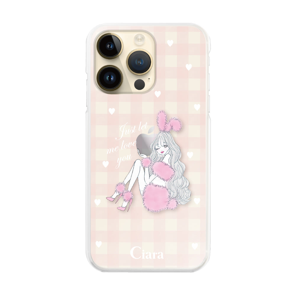 iPhone14Proケース ハイブリッド クリアケース ピンクバニー ピンクチェック