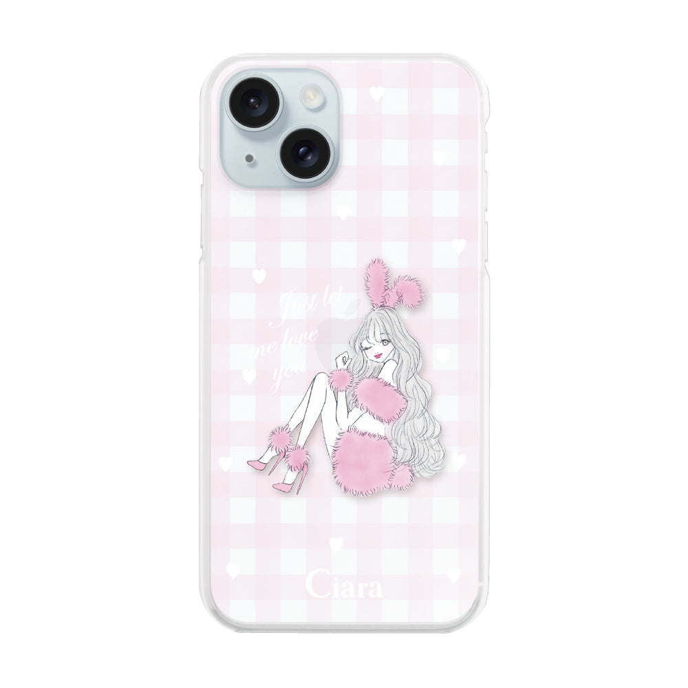 iPhone15Plusケース ハイブリッド クリアケース ピンクバニー ピンクチェック
