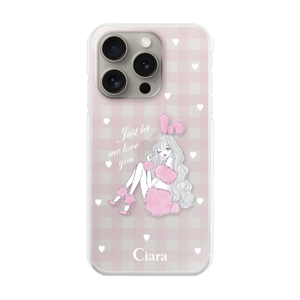 iPhone15Proケース ハイブリッド クリアケース ピンクバニー ピンクチェック