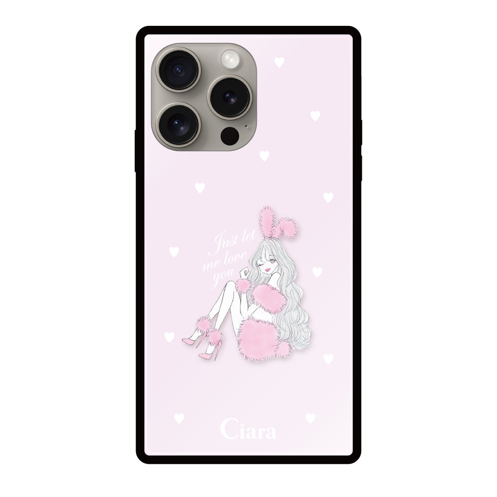 iPhone15Proケース スクエア 強化ガラスケース ピンクバニー ピンク