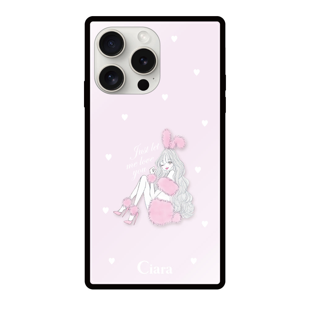 iPhone15ProMaxケース スクエア 強化ガラスケース ピンクバニー ピンク