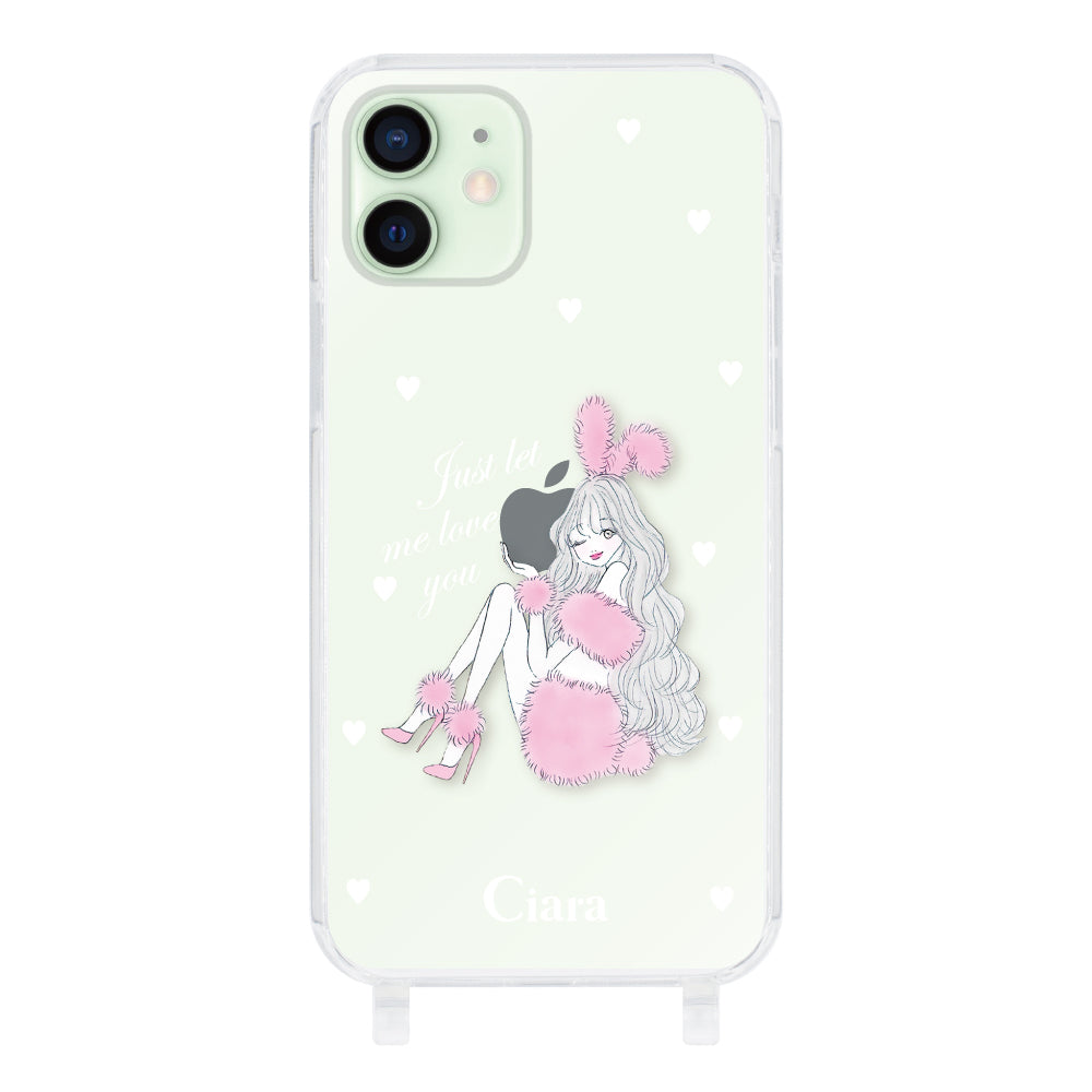 iPhone12mini ストラップクリアケース ピンクバニー クリア
