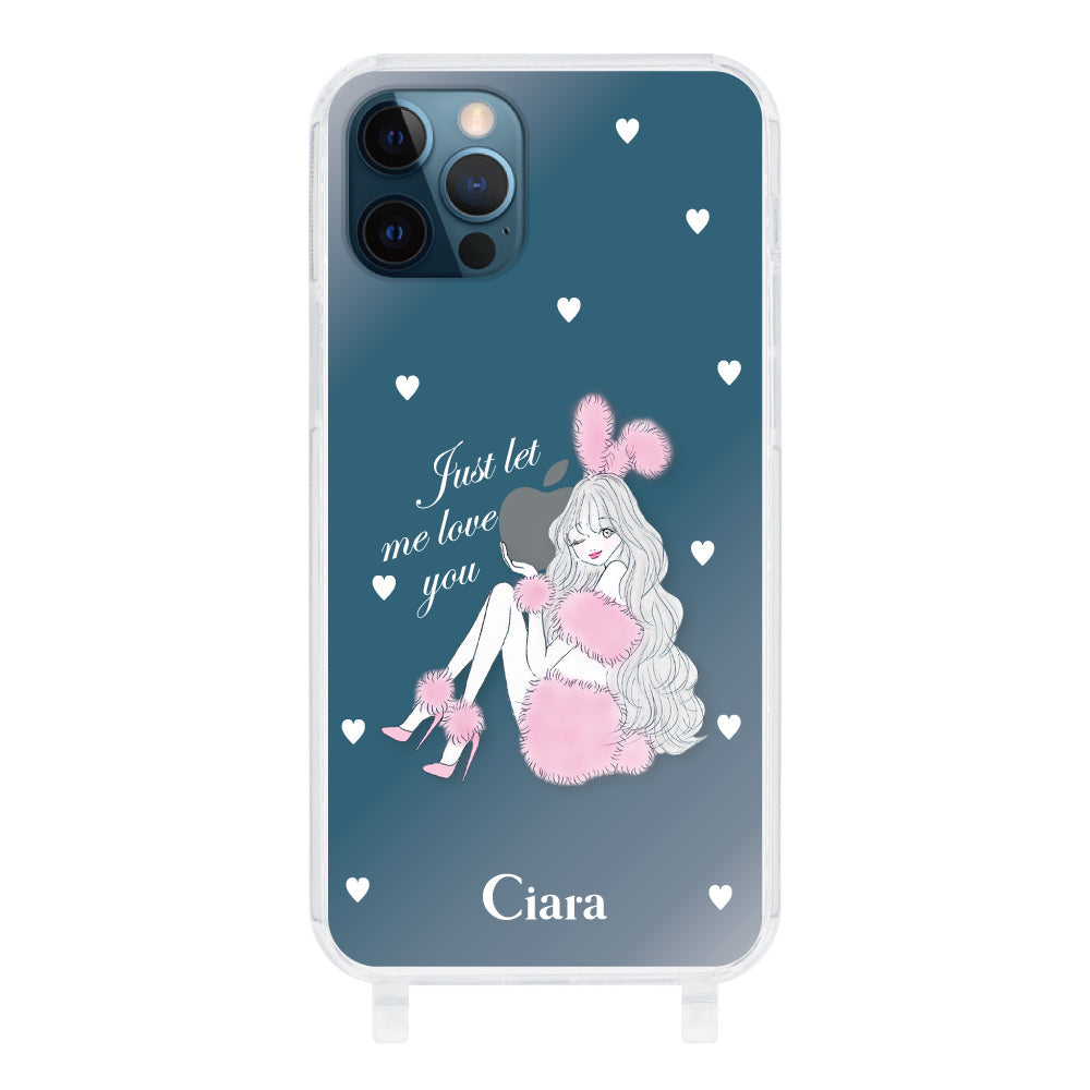 iPhone12ProMax ストラップクリアケース ピンクバニー クリア