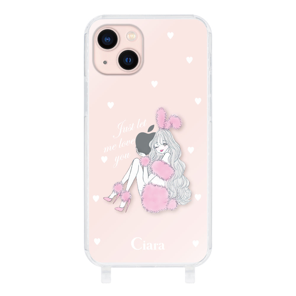 iPhone13 ストラップクリアケース ピンクバニー クリア