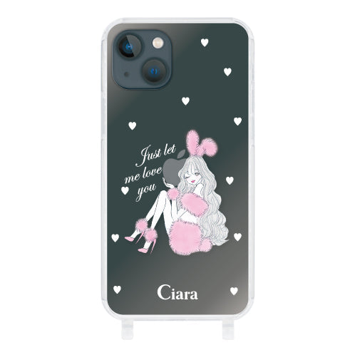iPhone13mini ストラップクリアケース ピンクバニー クリア
