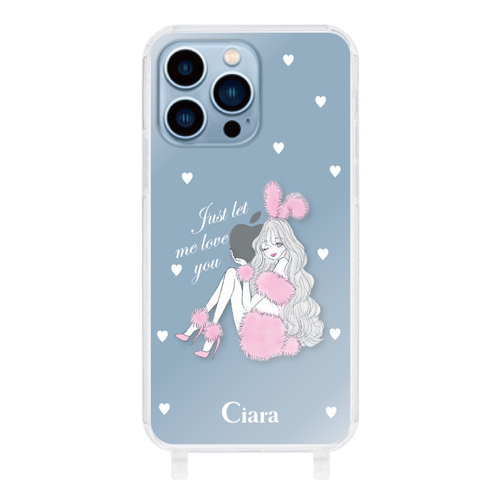 iPhone13ProMax ストラップクリアケース ピンクバニー クリア