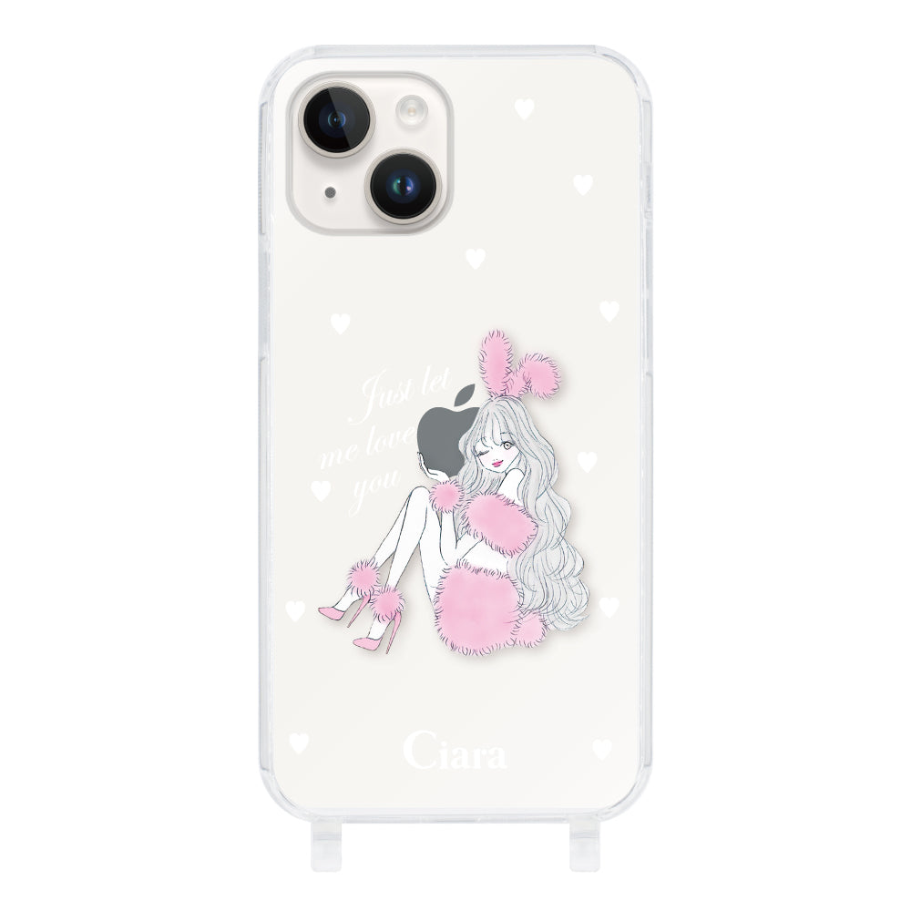 iPhone14 ストラップクリアケース ピンクバニー クリア