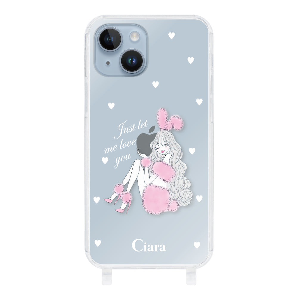 iPhone14Plus ストラップクリアケース ピンクバニー クリア