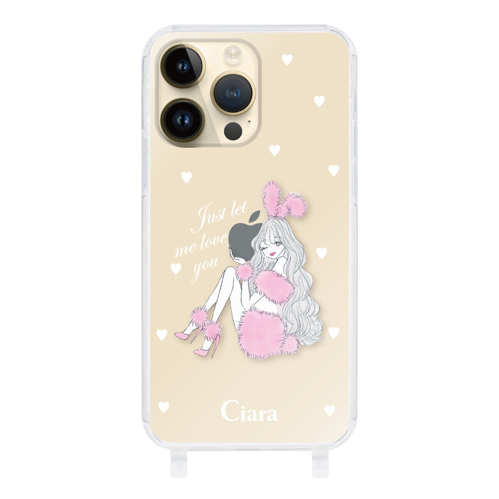 iPhone14Pro ストラップクリアケース ピンクバニー クリア