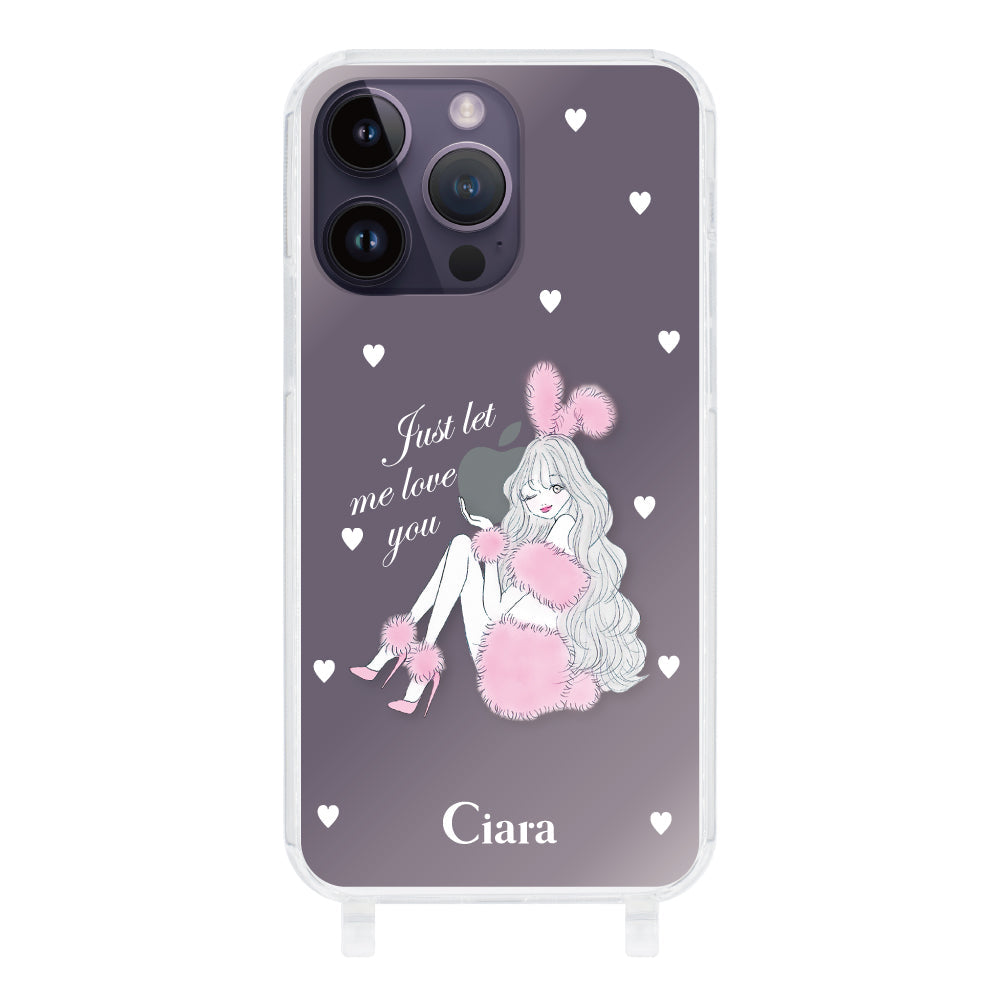 iPhone14ProMax ストラップクリアケース ピンクバニー クリア