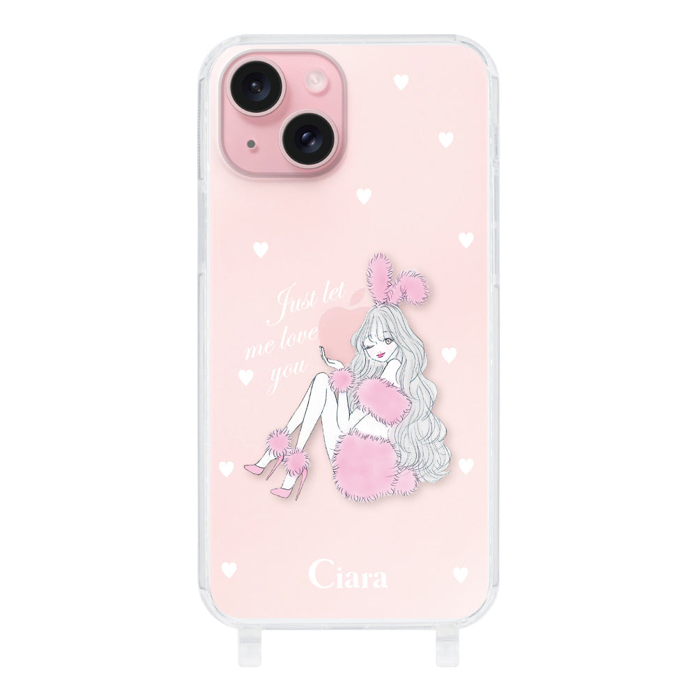 iPhone15 ストラップクリアケース ピンクバニー クリア