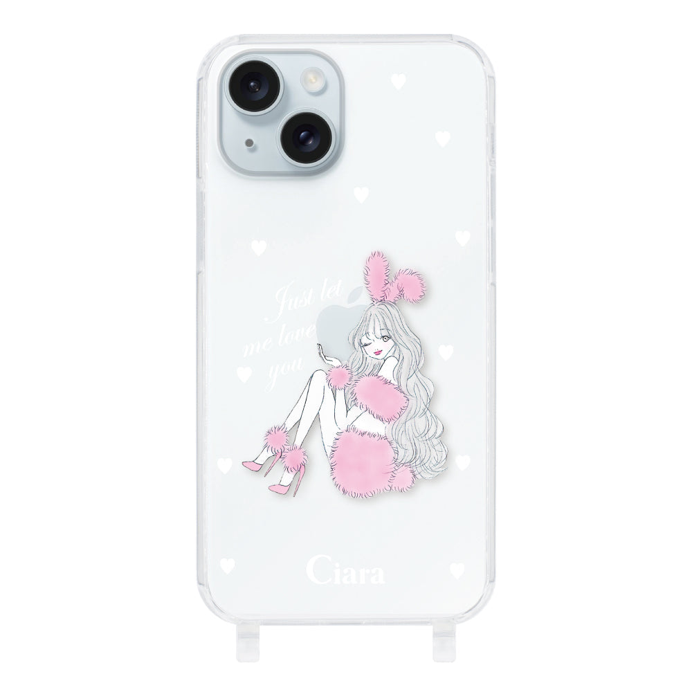 iPhone15Plus ストラップクリアケース ピンクバニー クリア