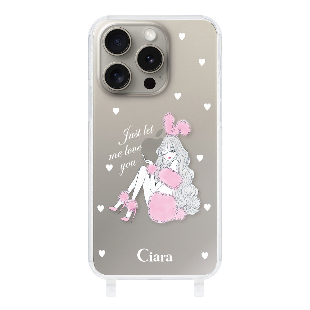 iPhone15Pro ストラップクリアケース ピンクバニー クリア