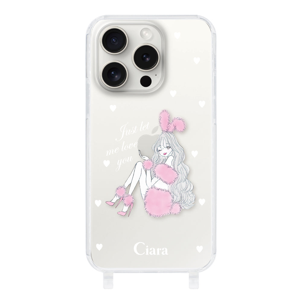 iPhone15ProMax ストラップクリアケース ピンクバニー クリア