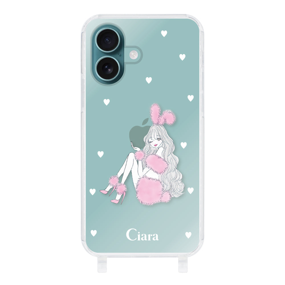 iPhone16Plus ストラップクリアケース ピンクバニー クリア