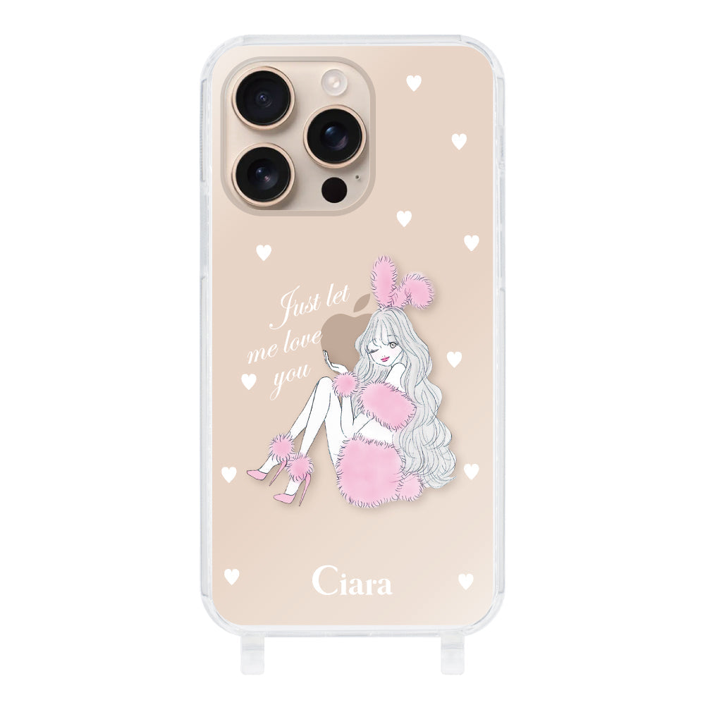 iPhone16Pro ストラップクリアケース ピンクバニー クリア