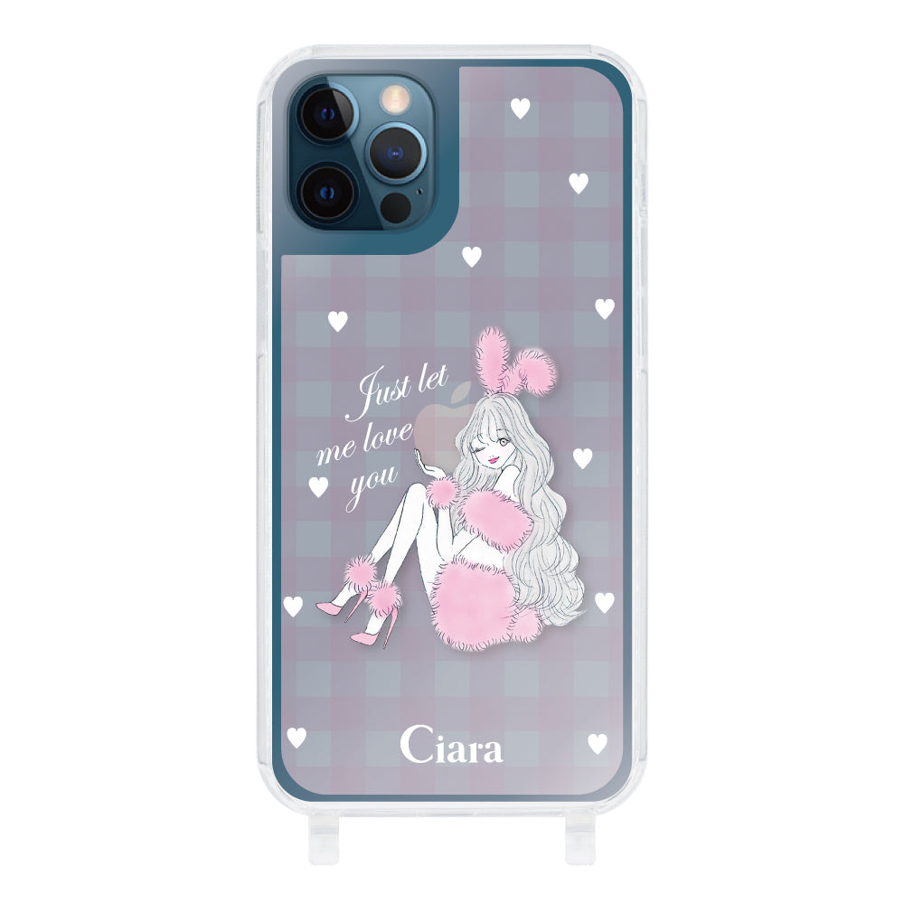 iPhone12ProMax ストラップクリアケース ピンクバニー ピンクチェック