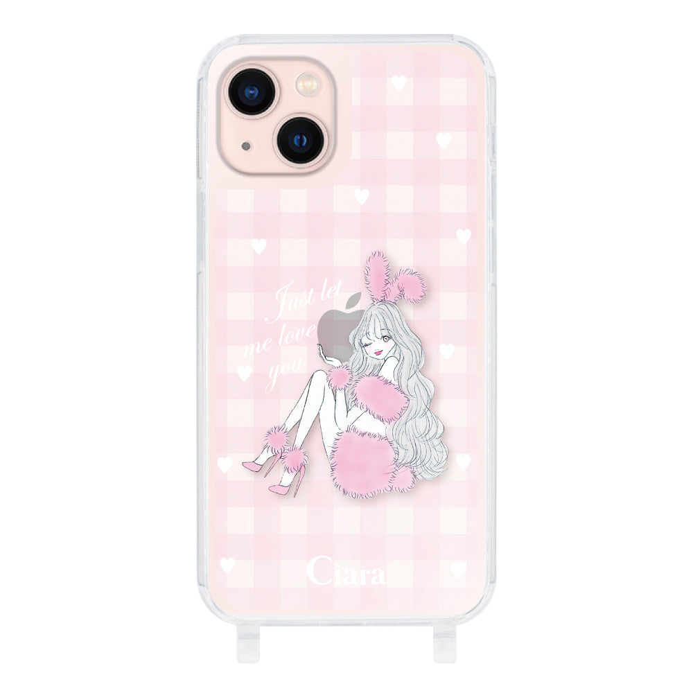 iPhone13 ストラップクリアケース ピンクバニー ピンクチェック