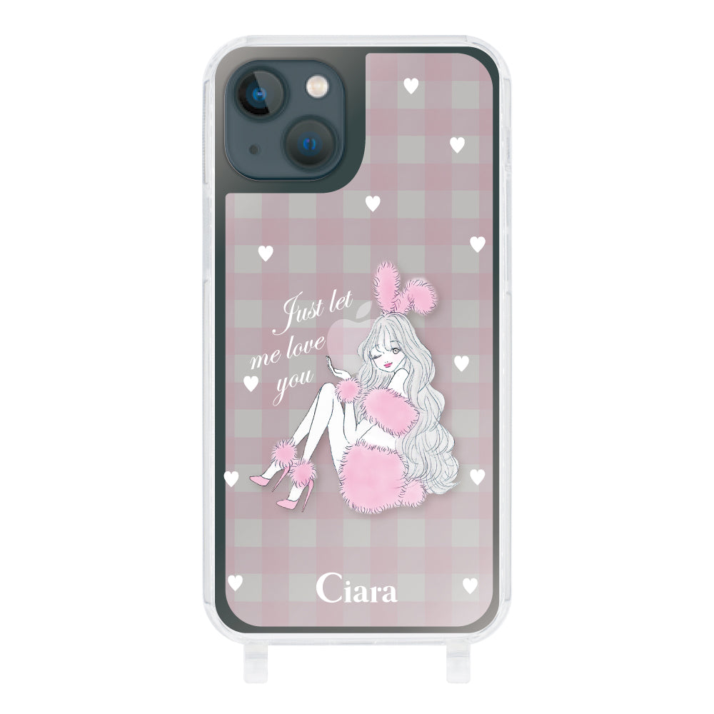 iPhone13mini ストラップクリアケース ピンクバニー ピンクチェック