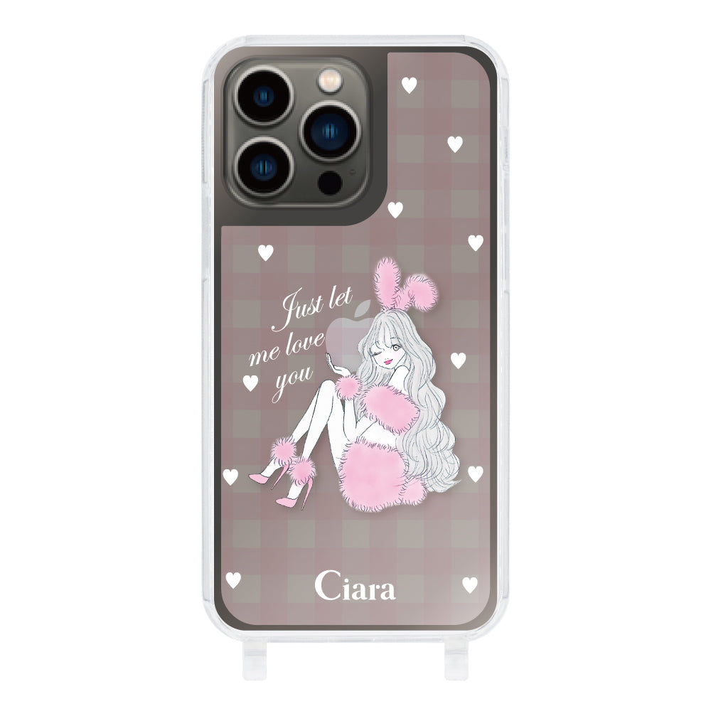 iPhone13Pro ストラップクリアケース ピンクバニー ピンクチェック