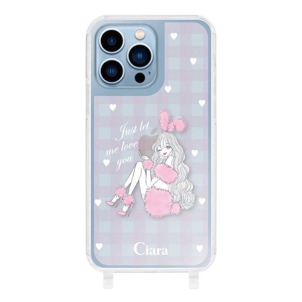 iPhone13ProMax ストラップクリアケース ピンクバニー ピンクチェック