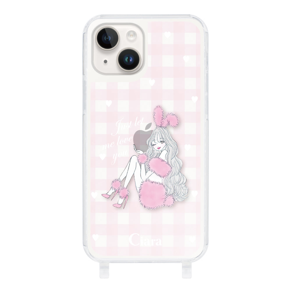 iPhone14 ストラップクリアケース ピンクバニー ピンクチェック