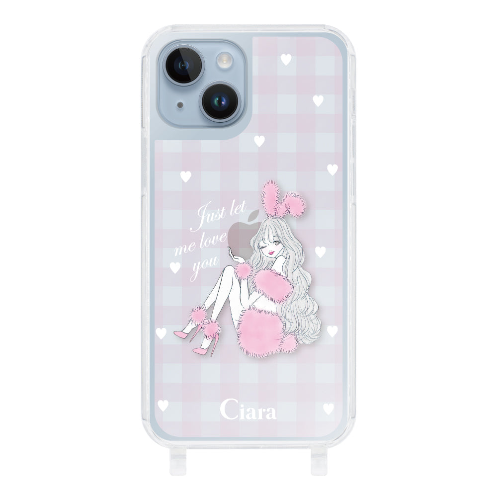iPhone14Plus ストラップクリアケース ピンクバニー ピンクチェック